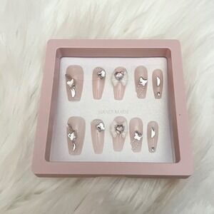 Handmade PressOn Nails Pink Heart Silver Accents Small